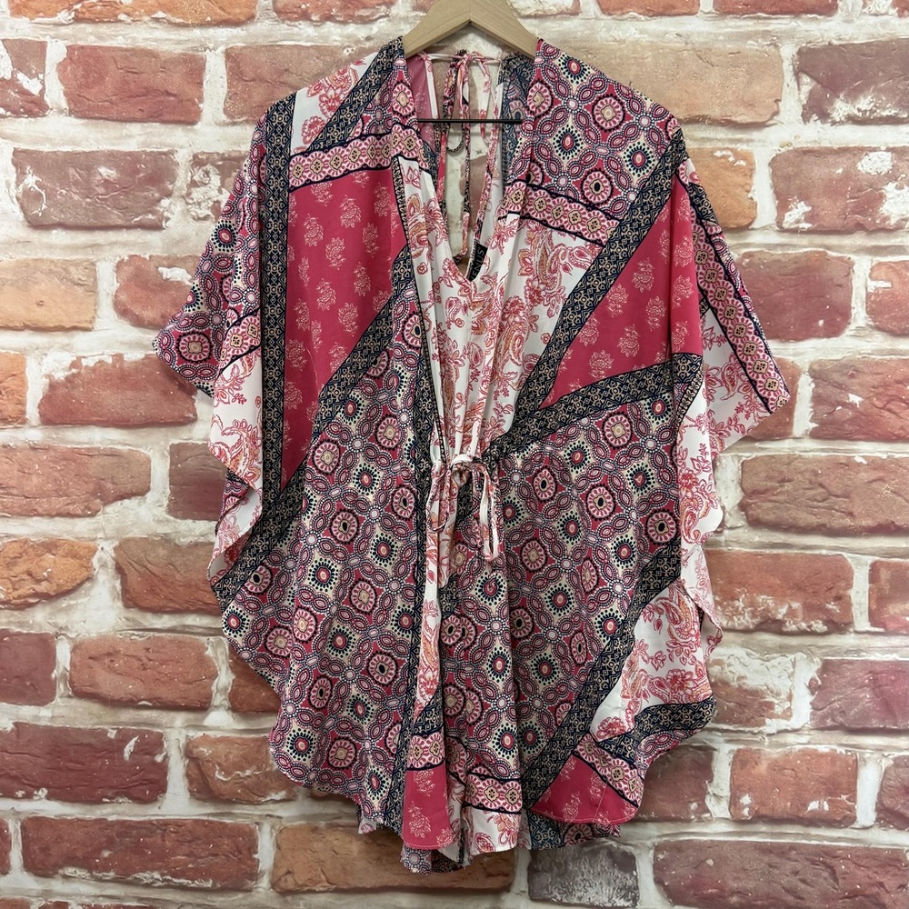 Venus Kimono Shorts Romper Women's L Multicolor Boho Floral Medallion Patchwork